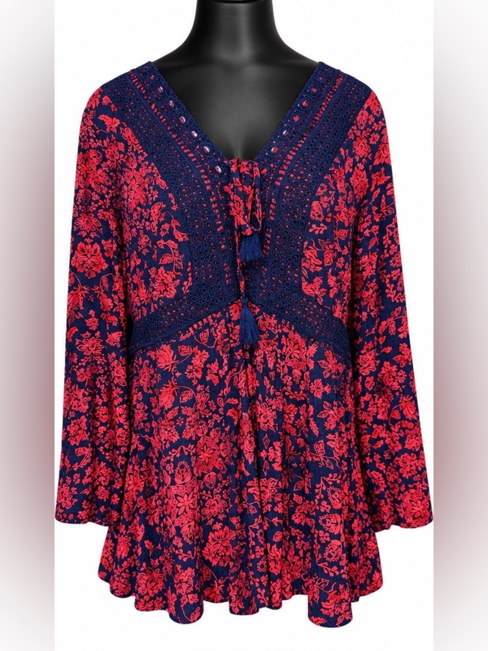 torrid Navy and Red Floral V-Neck Tassel Tunic